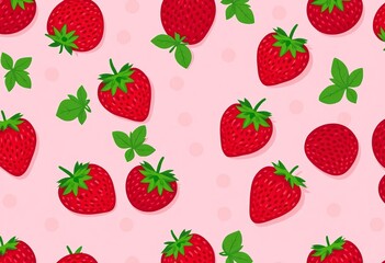Seamless pink spotted background with red strawberries in a flat style vector pattern,  pink,  textile