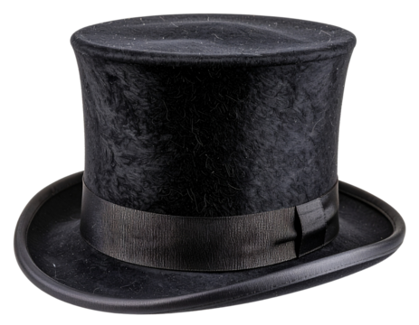  Worn Vintage Magician Top Hat with Visible Wrinkles and Dust, Side Angle, Isolated PNG