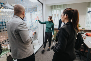 A group of associates engaged in a collaborative brainstorming session in a modern office setting....