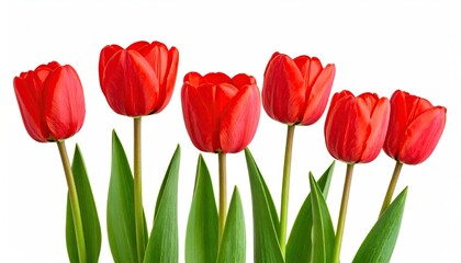 Close-up of five vibrant red tulips