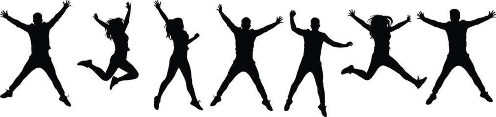 Jumping silhouettes of people in motion, joyful expression, energetic pose concept, freedom and happiness theme, black vector illustration design