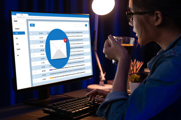 Email notification message showing on computer screen brisk. Digital marketing message information text from business to customer client