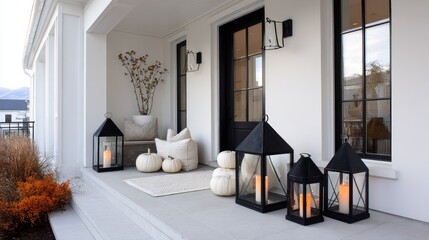 Elegant autumn porch decor with lanterns and white pumpkins
