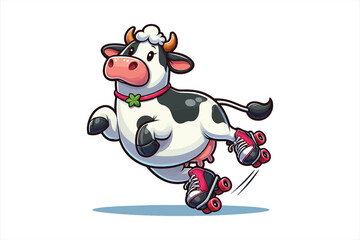 Naklejka premium A cow on roller skates, trying to do tricks but falling over in style Vector Design, isolated on a white background 1