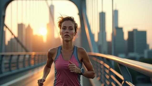 Una mujer corredora cruzando un puente al amanecer, con el horizonte de la ciudad a lo lejos, aire fresco y tranquilo