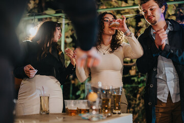 An engaging moment of friends celebrating together at an outdoor party, surrounded by spirited...