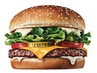 Hamburger isolated on white background with beef cheese lettuce tomato sesame bun fast food meal snack dinner