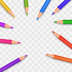 Vector set of colored pencils png. Back to school. Realistic set pencils for draw. Drawing collection for artwork. Vector illustration isolated on transparent background.