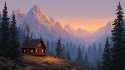 Rustic cabin in serene mountain landscape at sunset