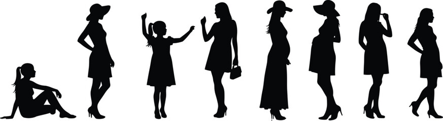 Silhouette of woman life stages, growth and transformation, female development timeline, pregnancy and motherhood concept, age progression vector illustration