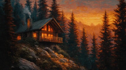 Cozy cabin at sunset in forested mountain landscape with glowing windows