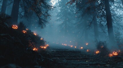 Enchanting halloween forest pathway with glowing jack-o'-lanterns