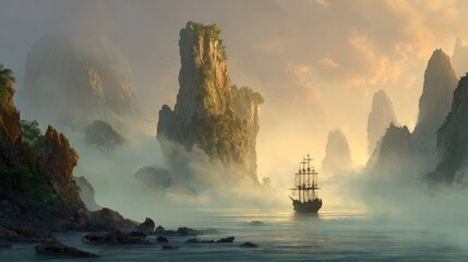 Majestic sailing ship in misty mountainous seascape at sunrise