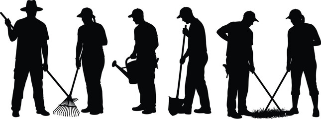 Obraz premium Silhouettes of gardeners using rake, watering can, shovel, teamwork in garden maintenance, outdoor labor scene, black vector illustration, landscaping