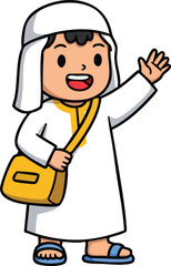 Fototapeta premium Boy in traditional Arabic clothing waving hand wearing sandals and carrying bag vector illustration 
