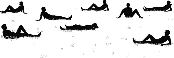 Silhouettes of people relaxing on grassy field, leisure concept, summer outdoor activity, peaceful nature scene, freedom, tranquility, lifestyle design
