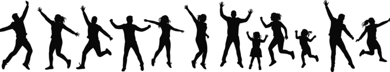 Silhouettes of people celebrating together, joyful jumping action, community spirit, unity and happiness, group activity, black vector illustration