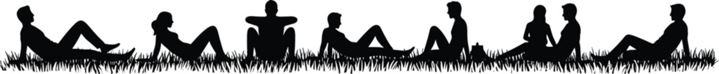 Silhouettes of people sitting on grassy field, enjoying nature, outdoor leisure scene, social gathering, peaceful environment, relaxation, summer concept illustration