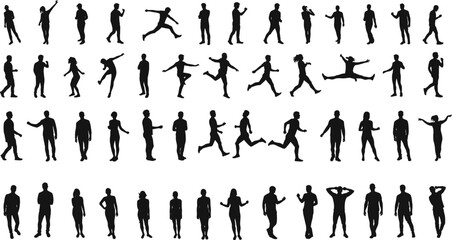 Silhouettes of people walking, running, standing, dancing in various poses, active lifestyle concept, fitness, movement, diversity, expressive art design