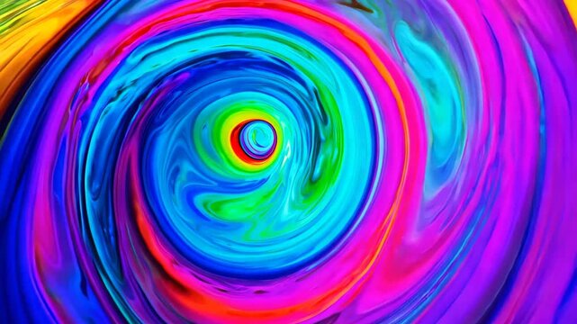 Swirling neon vortex with bright rainbow colors spinning inward on a flat abstract background. Concept of hypnotic digital illusion
