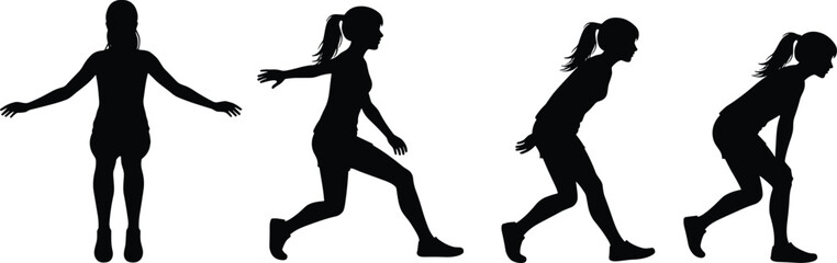 Silhouettes of person jumping, exercise and fitness concept, dynamic movement illustration, active lifestyle sequence, black vector design, white background