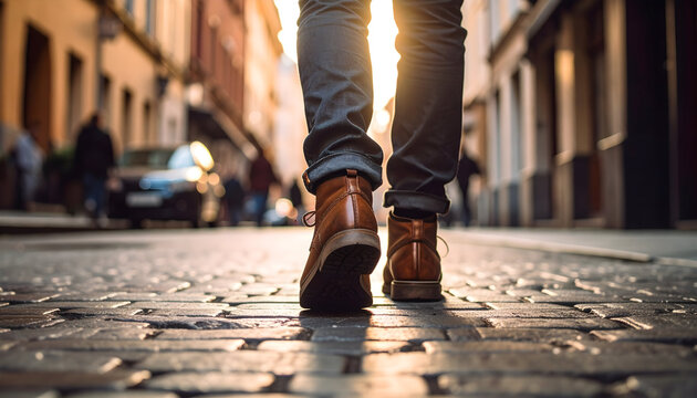 Person Walking on Cobblestone Street at Sunset