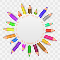 Vector set of colored pencils png. Back to school. Realistic set pencils for draw. Drawing collection for artwork. Vector illustration isolated on transparent background.