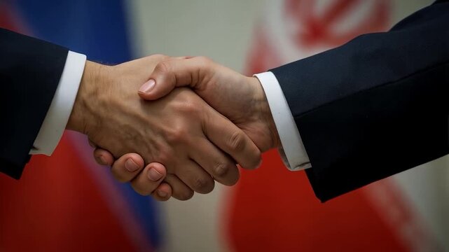 Political Agreement Scene: Russia and Iran Representatives Shaking Hands with Blurred Flag Colors

