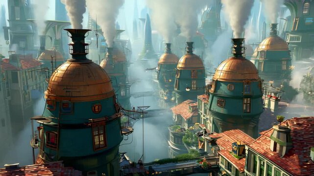 Steampunk cityscape with large boilers and pipes emitting white steam into cold blue sky, distant mountains in foggy background. Concept of retro-futuristic industrial civilization