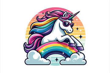 A unicorn with sunglasses, riding a rainbow Vector Design, isolated on a white background