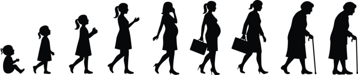 Woman life stages silhouette from baby to elderly, female aging process, developmental timeline concept, growth illustration, healthcare, identity journey