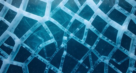Abstract digital art showing a network of interconnected lines in shades of blue with a dark background. Represents complex system connections and data visualization.