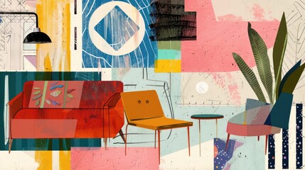 Abstract modern furniture mid-century collage interior scene with geometric shapes and textured background with paint splashes