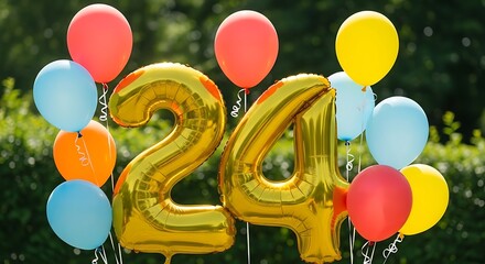 Golden number 24 balloons with colorful balloons outdoors celebration