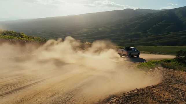 Dirt road truck driving dusty rugged rural path dirt flying dont add any people  High-quality horizontal HD video footage .