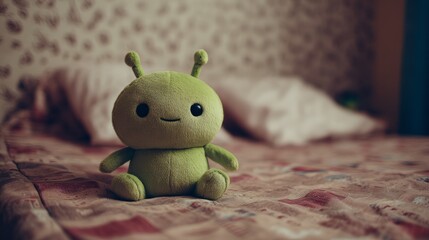 Cute green alien plush toy on bed with patterned background