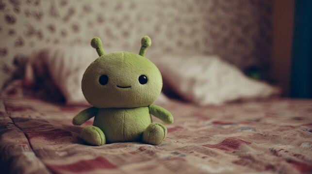 Cute green alien plush toy on bed with patterned background