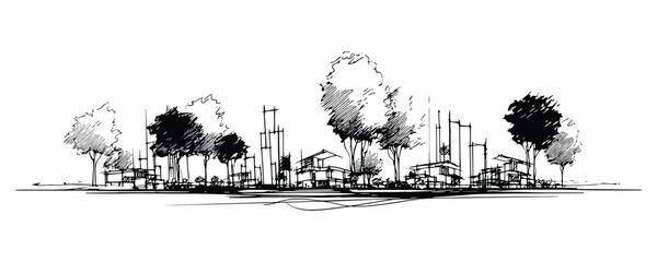Black and White Sketch Architectural Design Showing Houses and Trees Landscape Plan