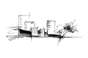 Black and White Sketch Graphic Design of Modern Cityscape Architectural Buildings and Tree