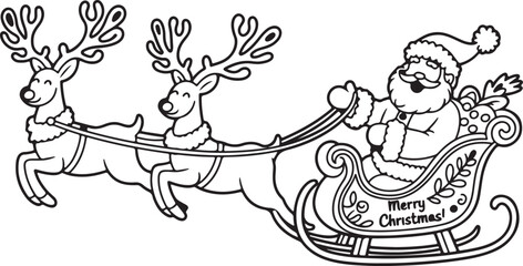 Santa Sleigh and Reindeer Line Art - Christmas Coloring Page