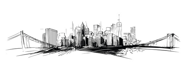 Black and White Sketch of New York City Skyline with Bridges cityscape drawing