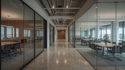 Modern office corridor with glass partitions and meeting rooms.