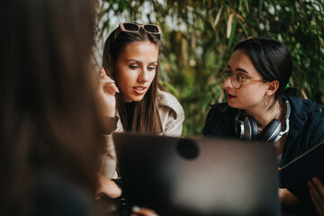 A group of high school friends collaborating on assignments in a cozy coffee bar setting. Engaged...