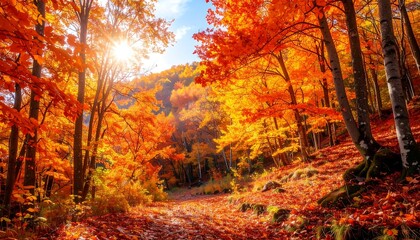 Autumn forest path ablaze with vibrant fall foliage. Sunlight streams through the colorful canopy