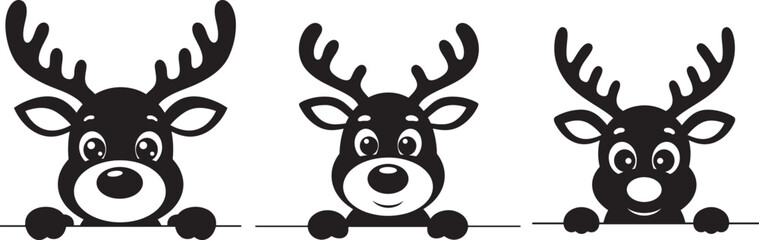 Three cartoon reindeer heads peeking over a white background silhouette