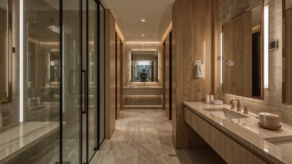 Modern bathroom interior with neutral tones and glass partitions.