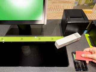 buying make up at cosmetics section in store,self checkout systems in  retail stores,Barcode...