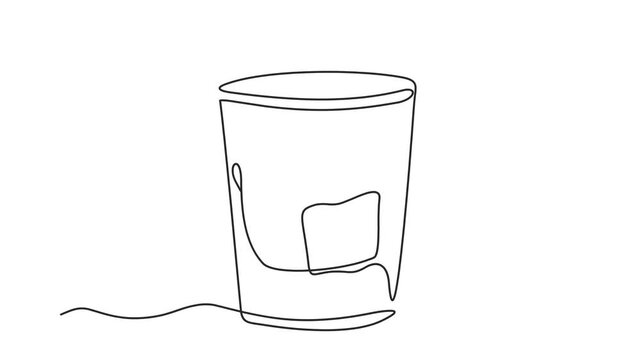 Animated self drawing of continuous line draw whiskey with ice in glass. Full length one line animation. 4K	