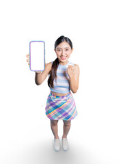 Naklejka premium A happy young Asian woman from a high angle, showing a blank phone screen and making a fist pump gesture for success.on png 