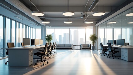 Modern open plan office interior, glass partitions.